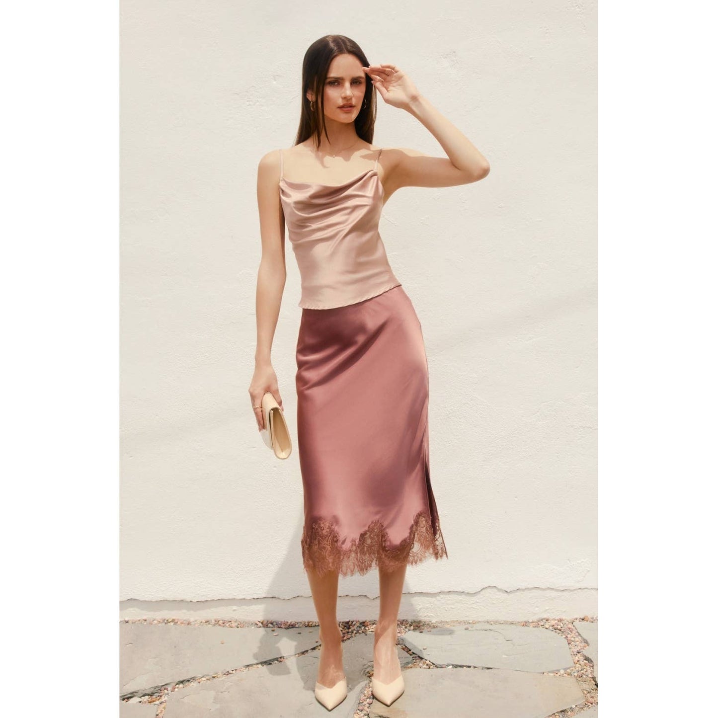 Dull Satin Lace Hem Pencil Skirt