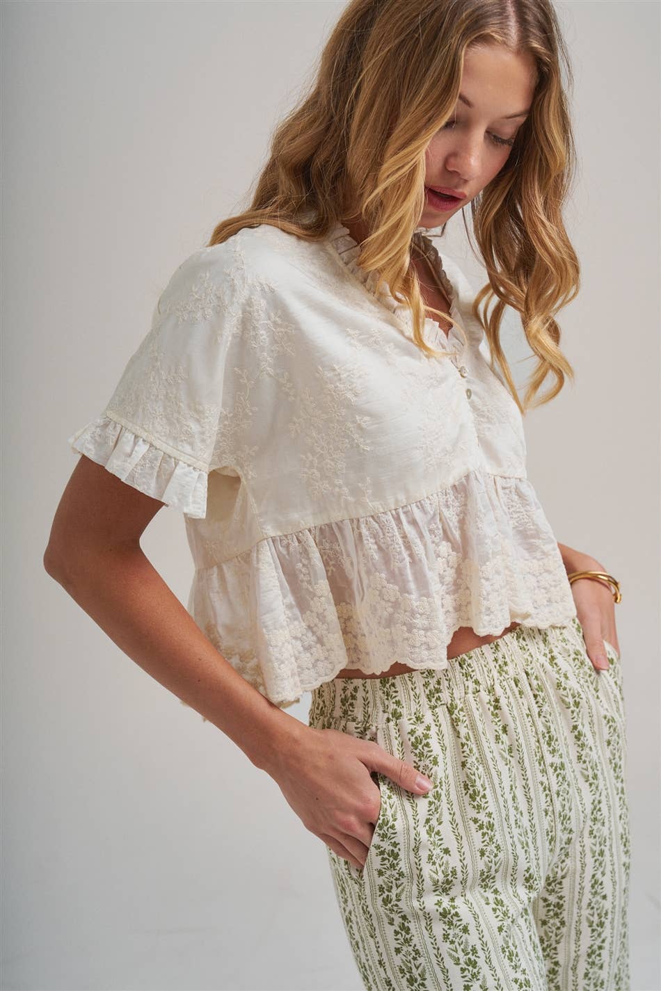 EMBROIDERED LACE PEPLUM BOHO BLOUSE TOP WITH RUFFLE DETAIL