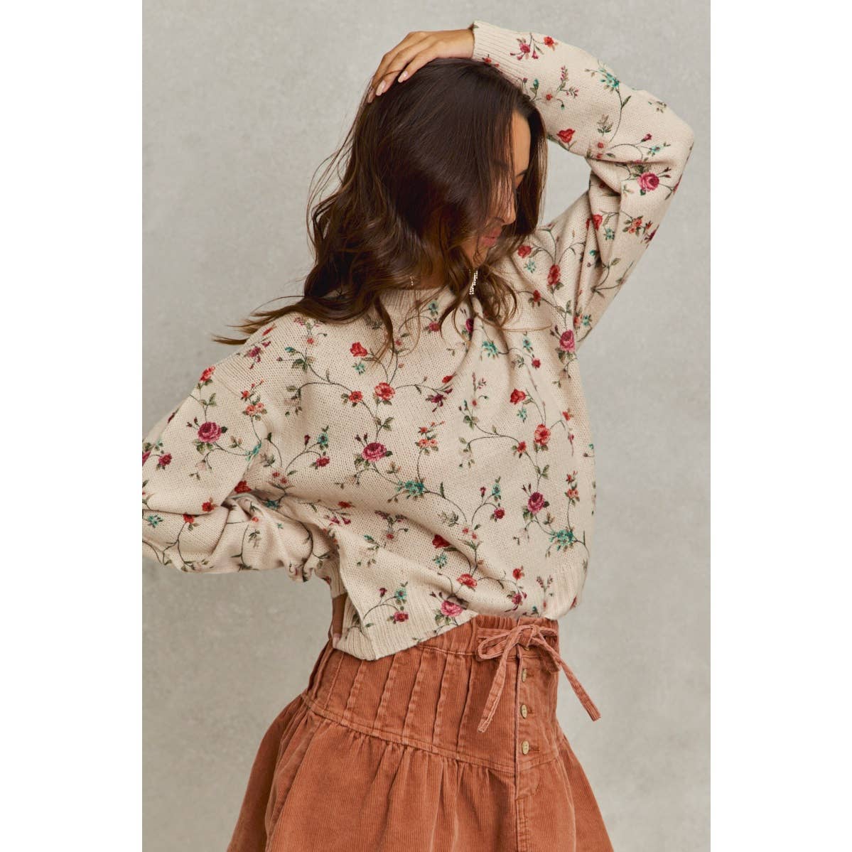 FLORAL PRINT CREWNECK SWEATER KNIT TOP
