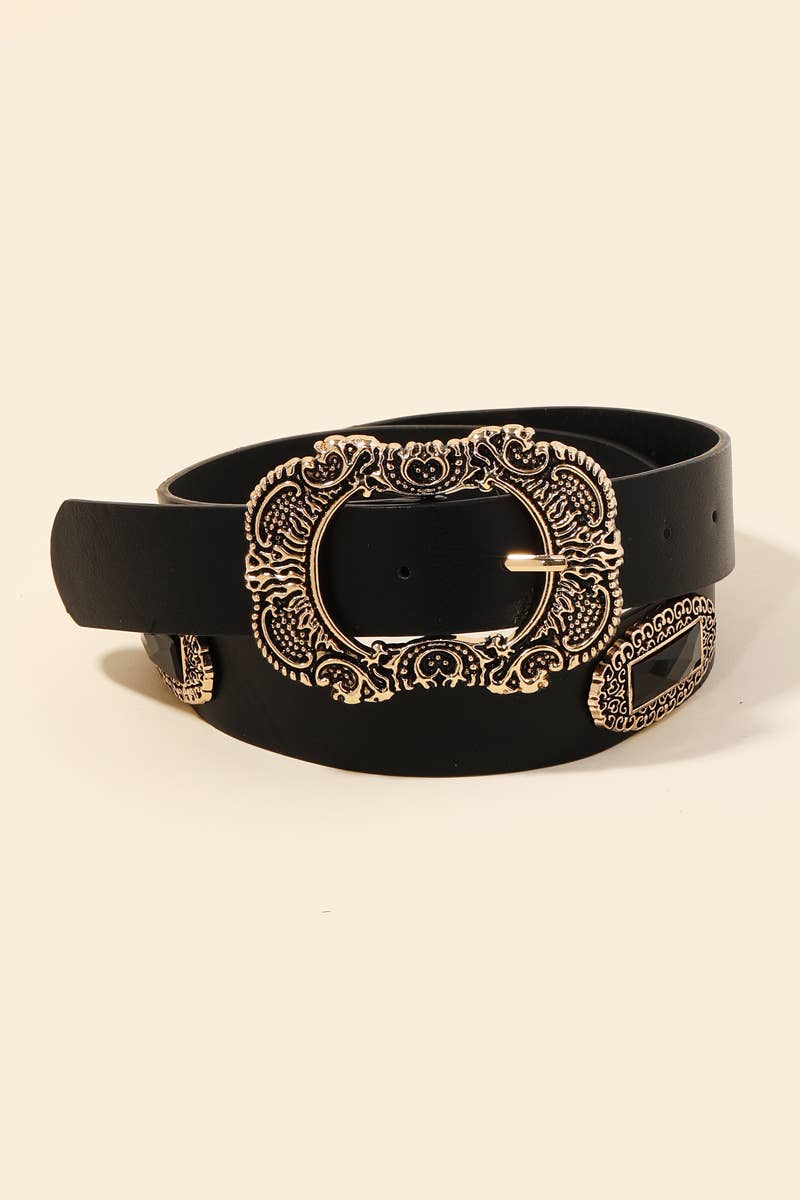 Embroidered Buckle Vegan Leather Belt