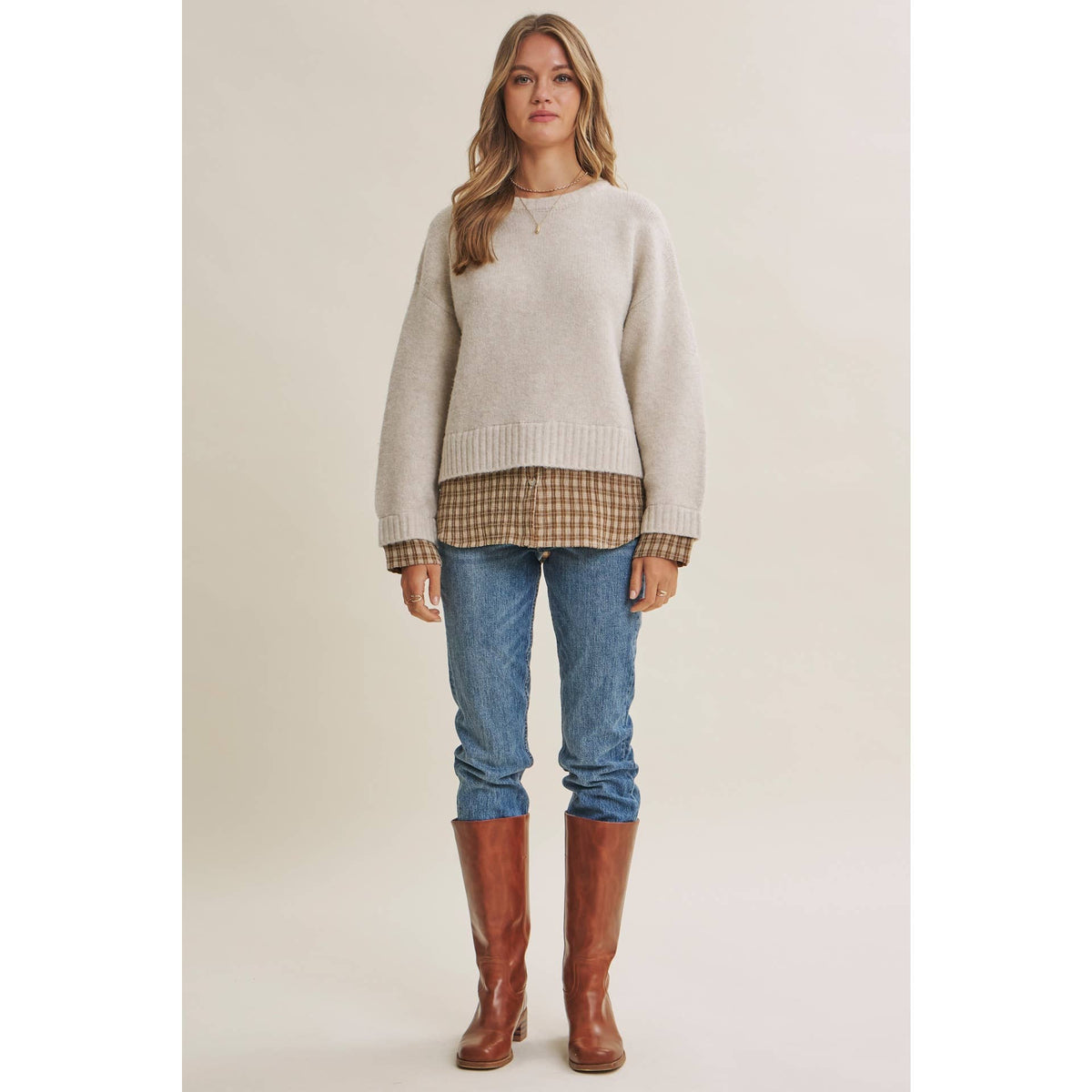 COUNTRY ROAD LAYERED PLAID HEM SWEATER TOP