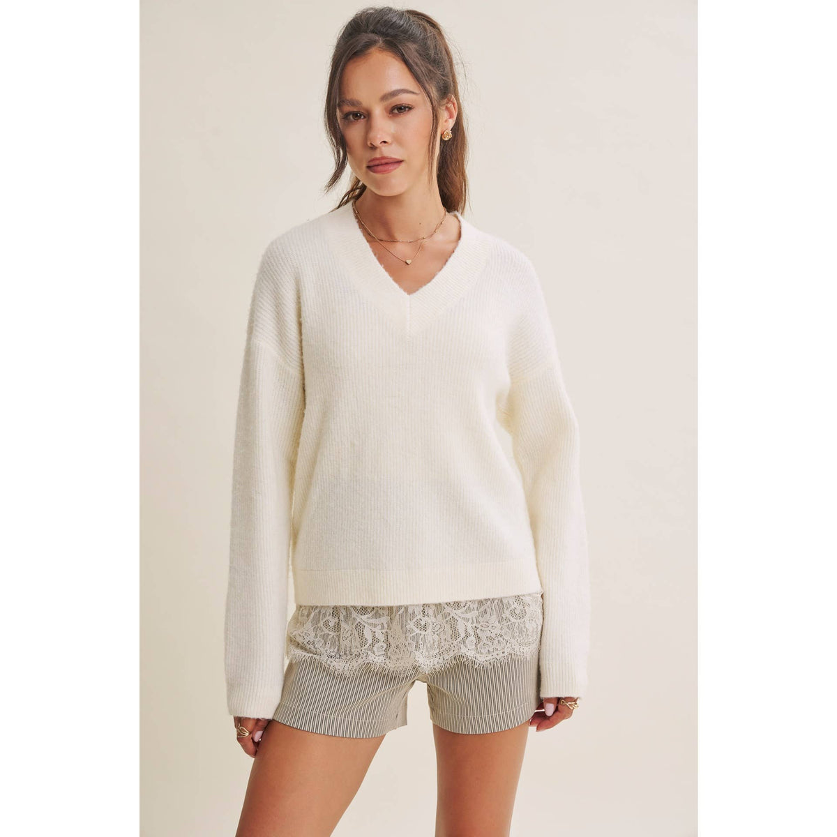 WINTER GARDEN EYELASH LACE TRIM BRUSHED SWEATER TOP