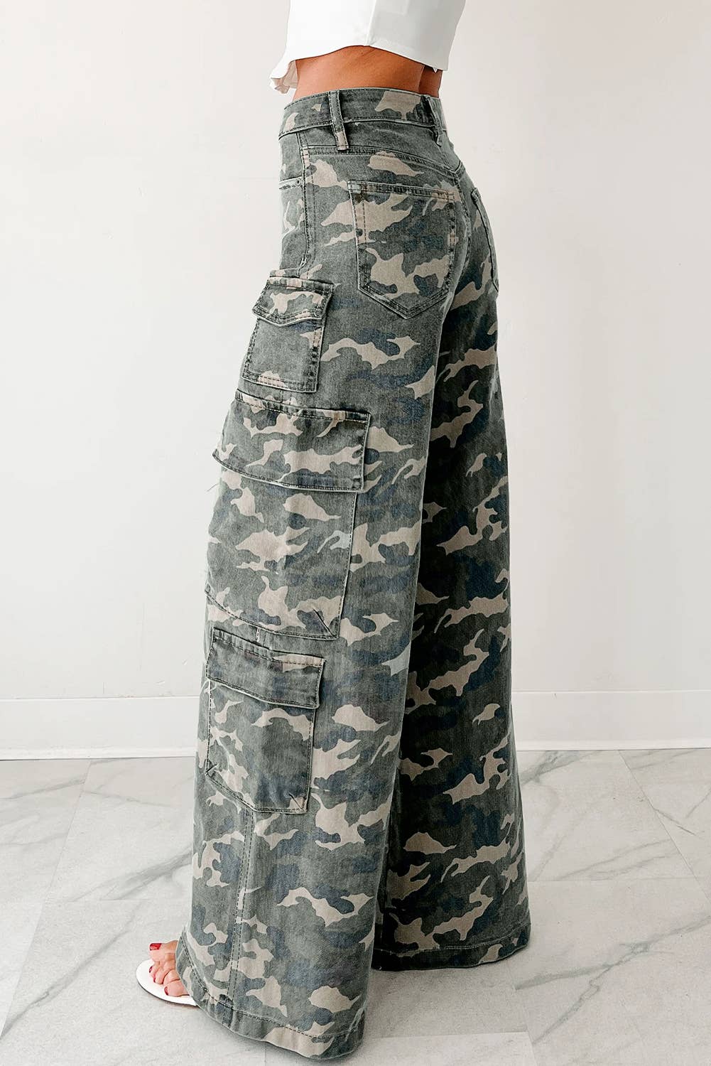 Camo Denim Cargo Wide Leg Pants