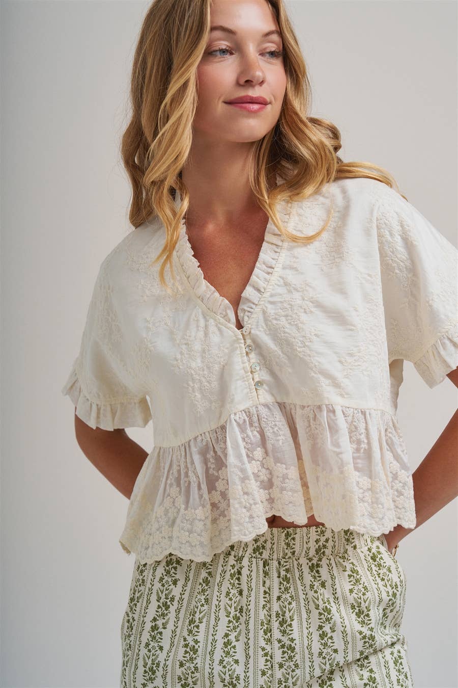 EMBROIDERED LACE PEPLUM BOHO BLOUSE TOP WITH RUFFLE DETAIL