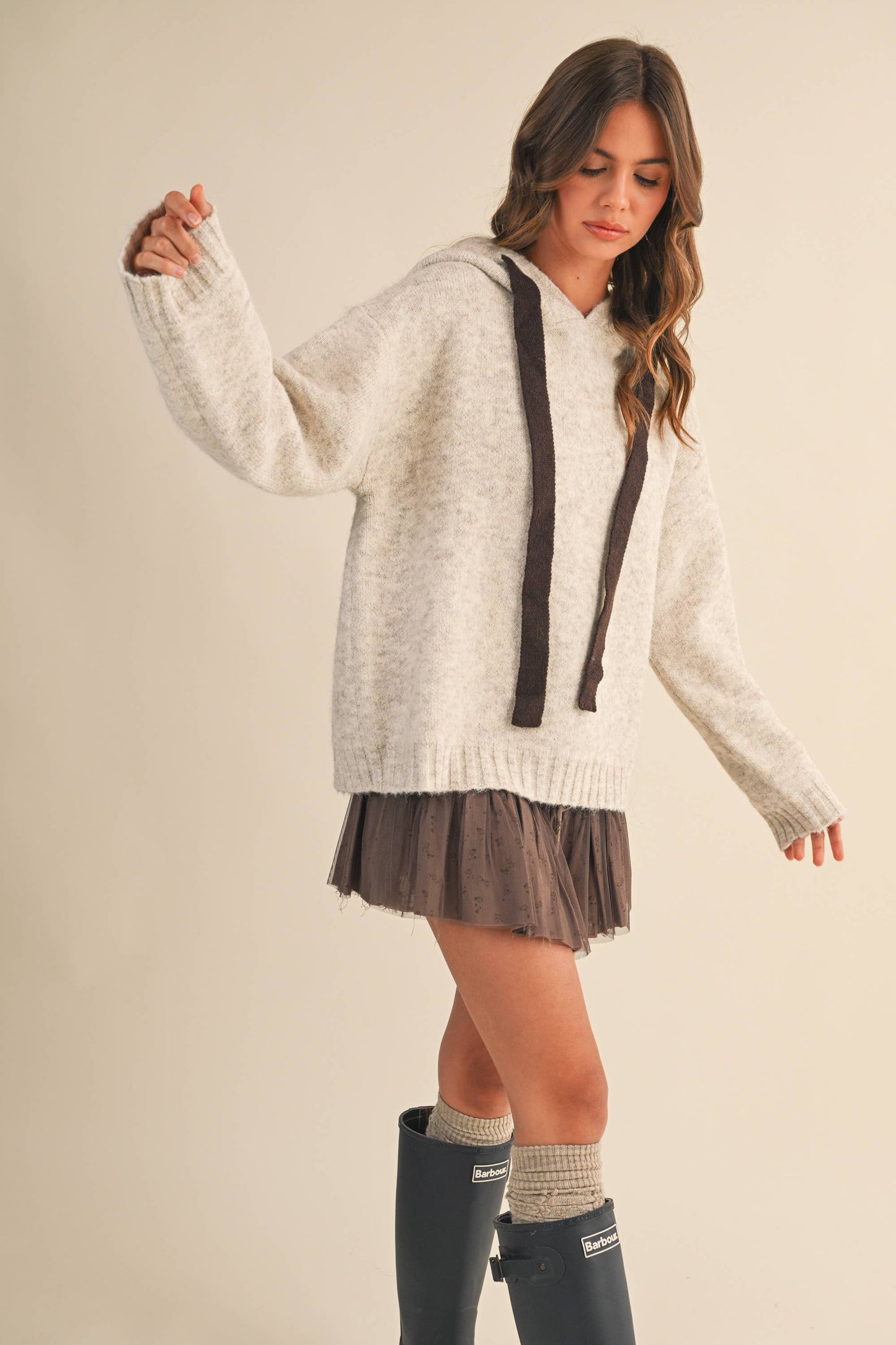 CONTRAST HOODIE STRING DETAIL SWEATER