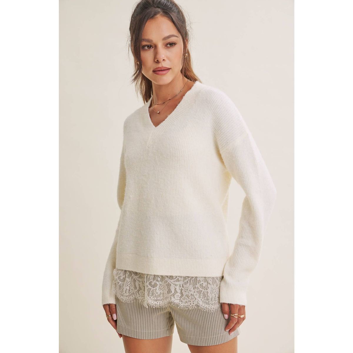 WINTER GARDEN EYELASH LACE TRIM BRUSHED SWEATER TOP