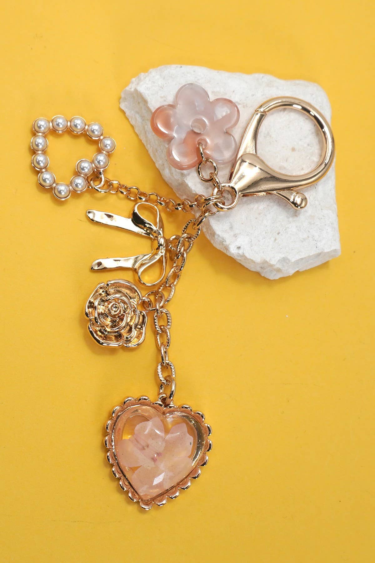 BAG CHARM- PRESSED FLOWER BOW PEARL HEART CHARMS