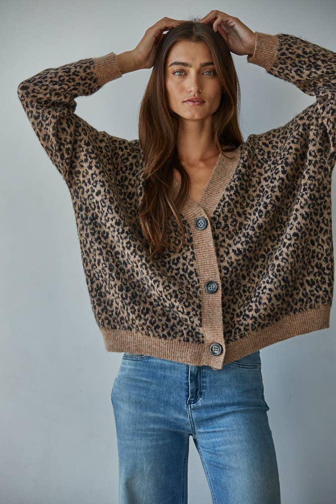 Knit Sweater V-Neck Animal Print Cardigan