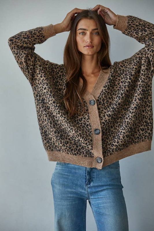 Knit Sweater V-Neck Animal Print Cardigan