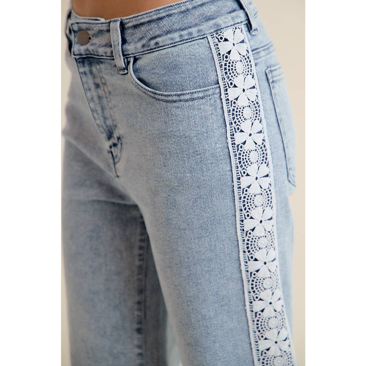 WIDE LEG FLARE DENIM JEANS WITH SIDE LACE TRIM