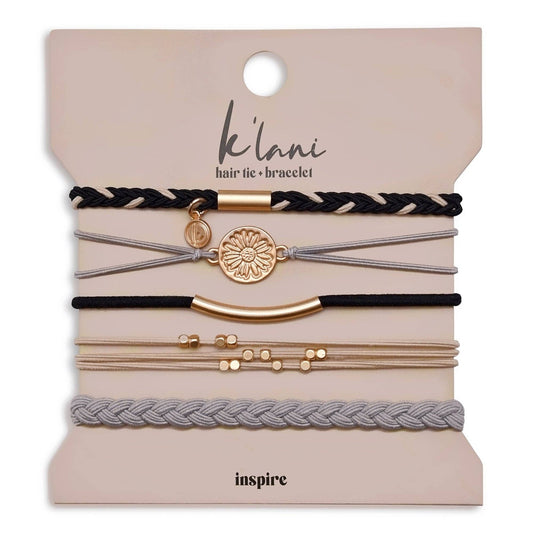"Inspire" Grey and Black with Gold Flower Accent Hair Tie Bracelets