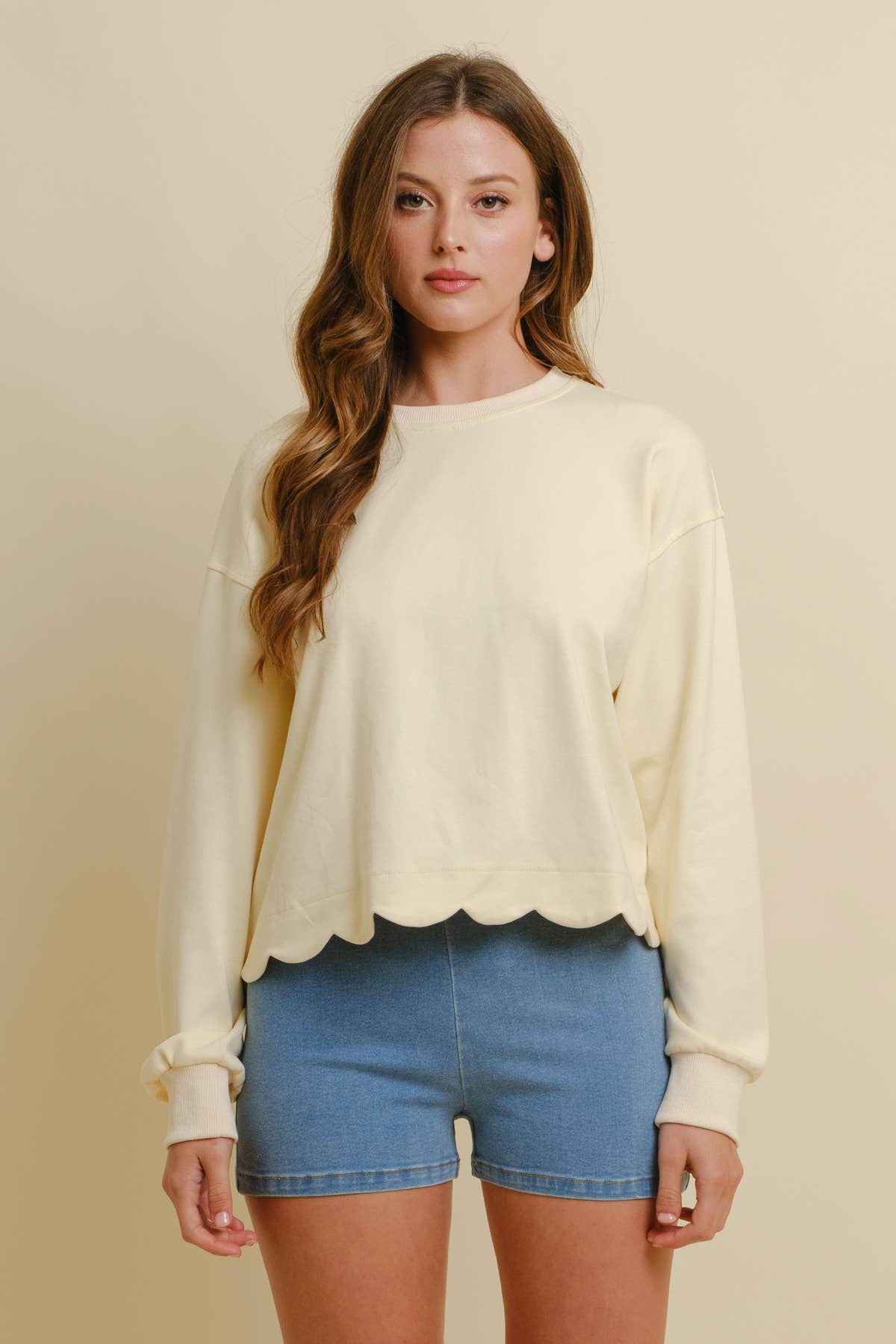 SCALLOPED TRIM LONG SLEEVE TOP