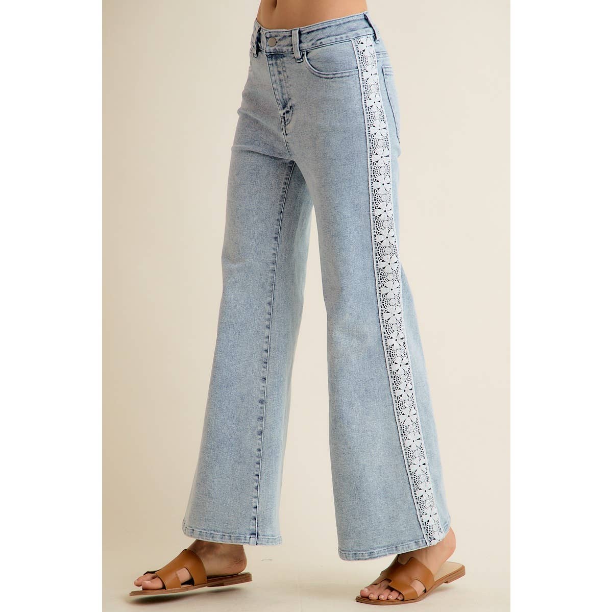 WIDE LEG FLARE DENIM JEANS WITH SIDE LACE TRIM