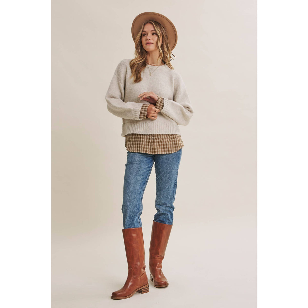 COUNTRY ROAD LAYERED PLAID HEM SWEATER TOP
