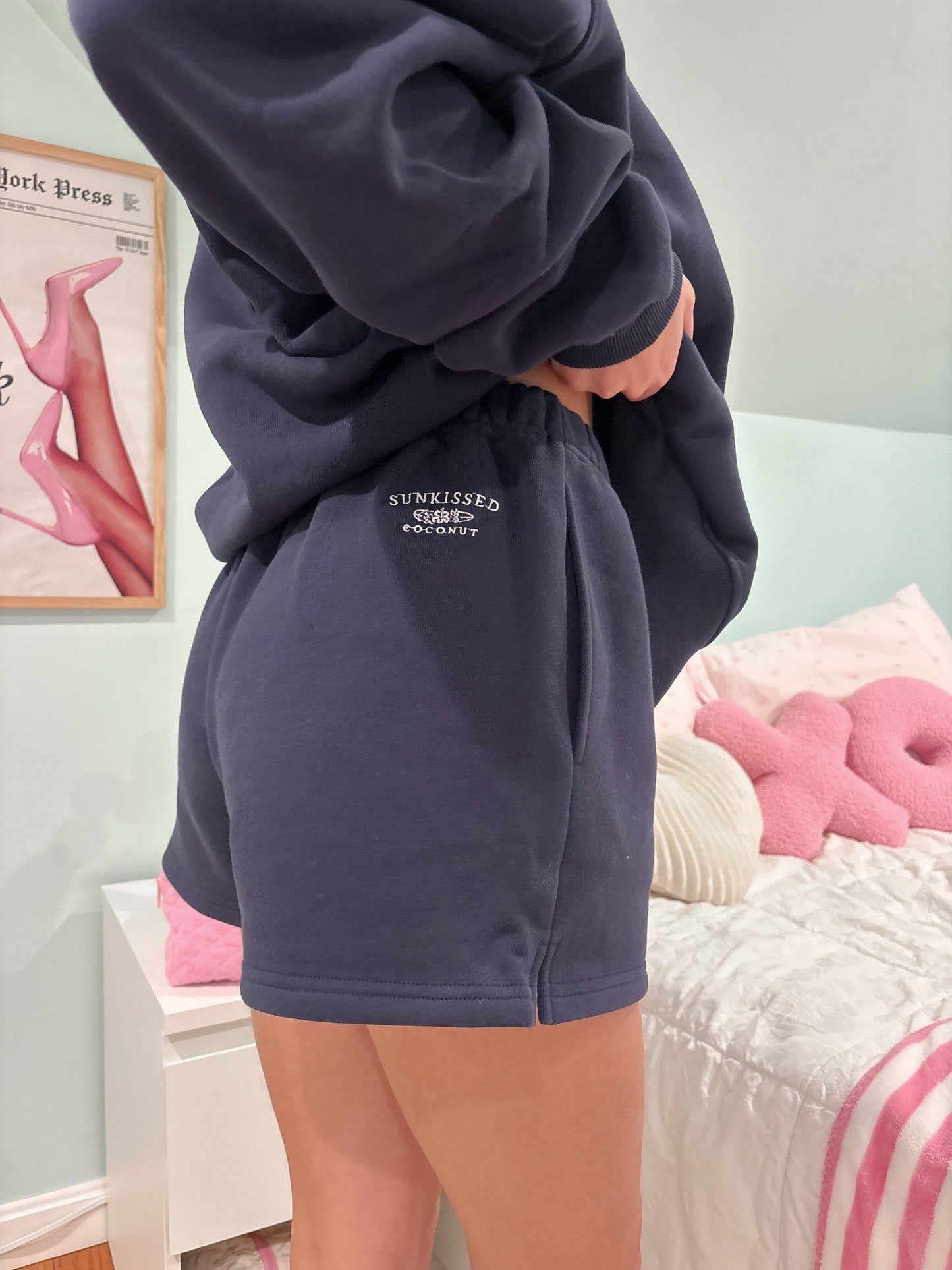 Navy Blue Embroidered Sweat Shorts 100% Cotton