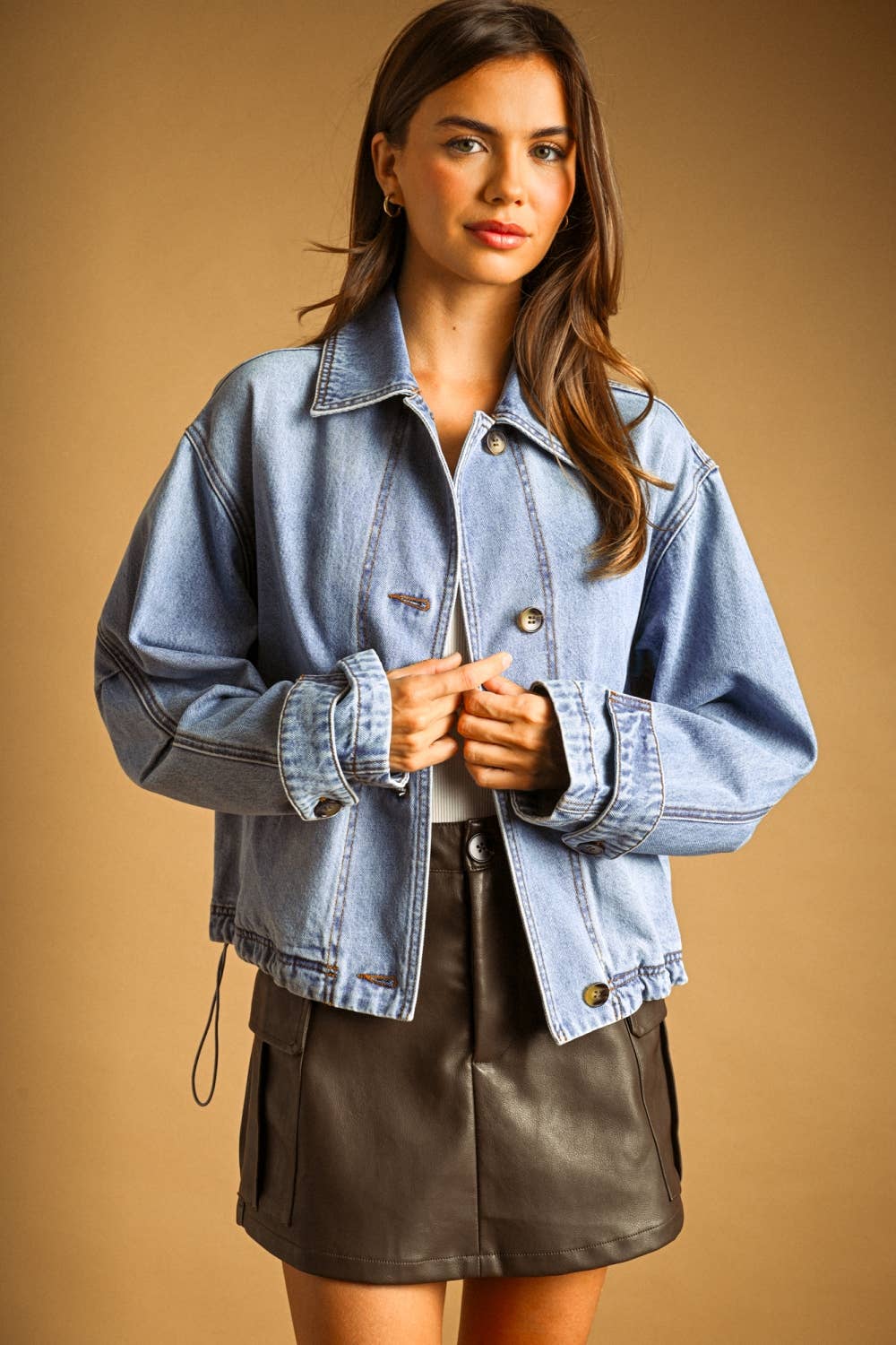 WASHED DENIM BUTTON FRONT BOMBER JACKET