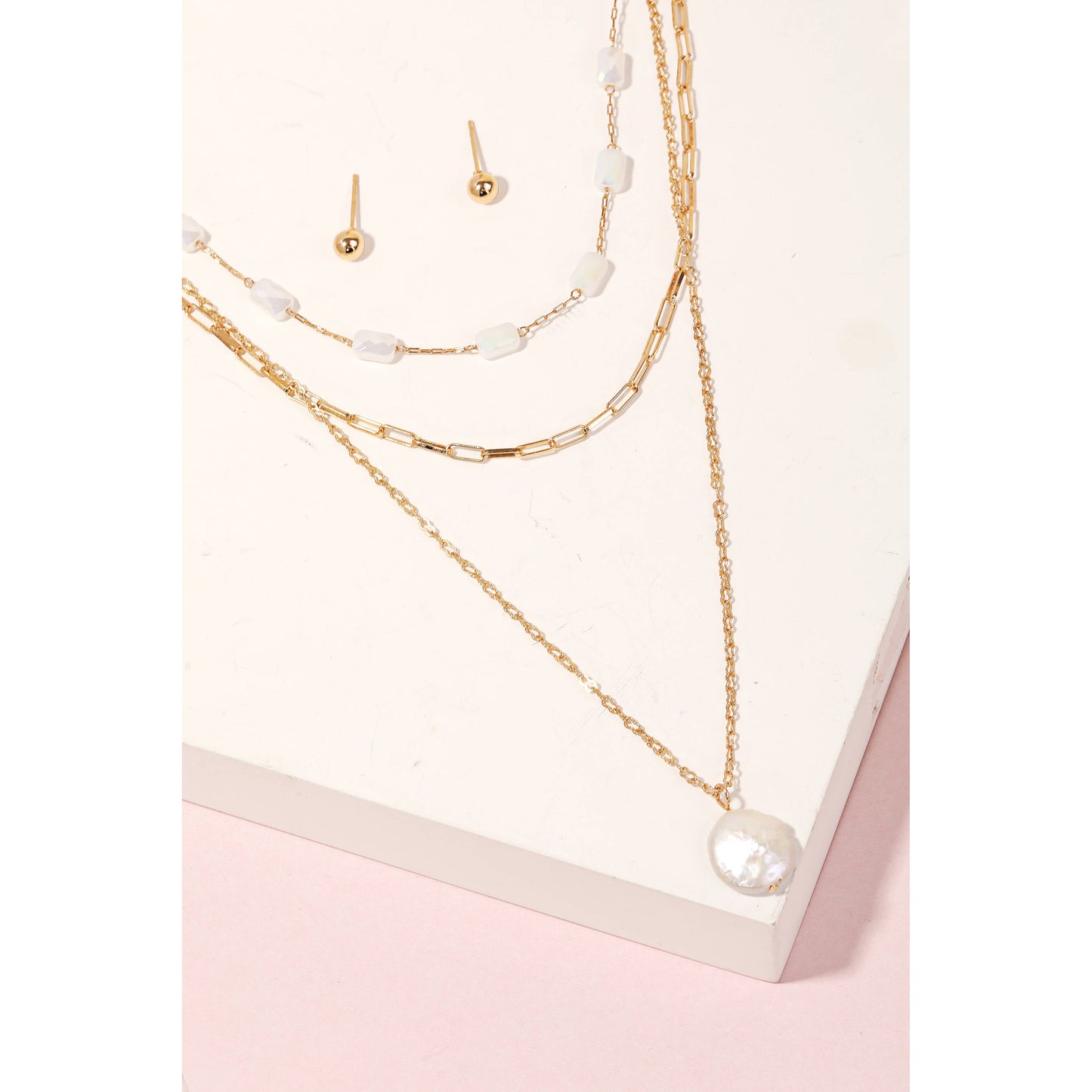 Pearly Disc Layered Chain Necklace Set