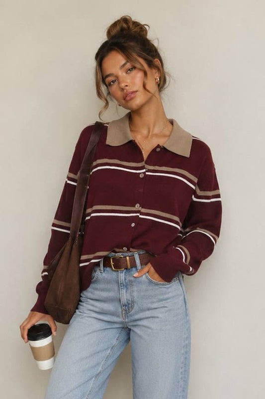Striped Collared Knit Cardigan