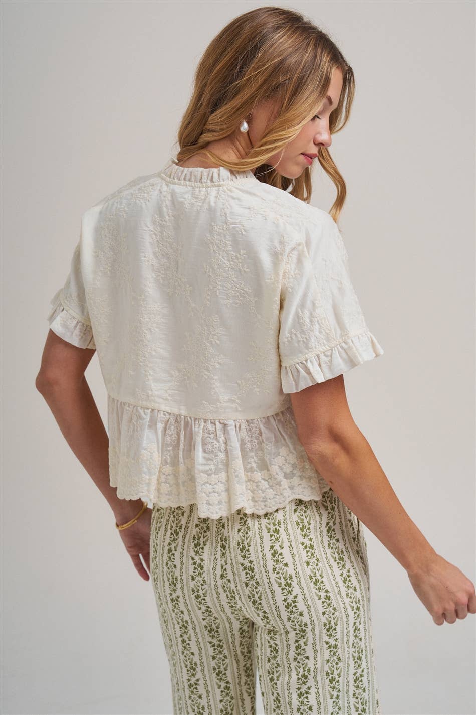 EMBROIDERED LACE PEPLUM BOHO BLOUSE TOP WITH RUFFLE DETAIL