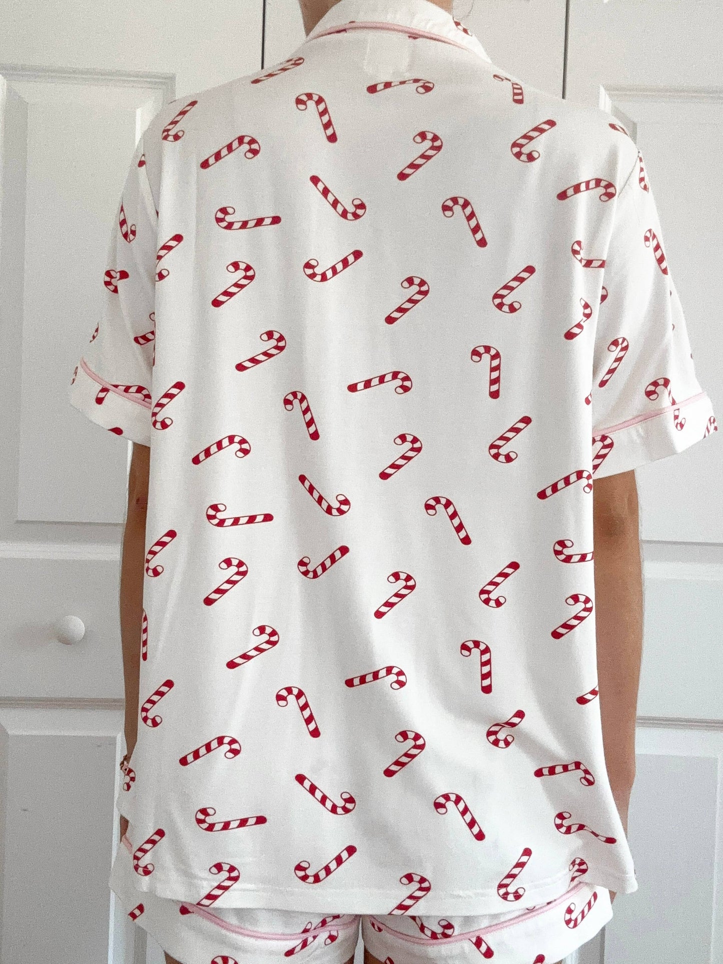 Candy Cane Holiday Christmas Short Sleeve Button Up Pajama Top