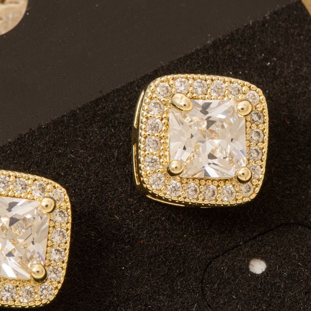 Gold Dipped Square Halo Cz Stud Earrings