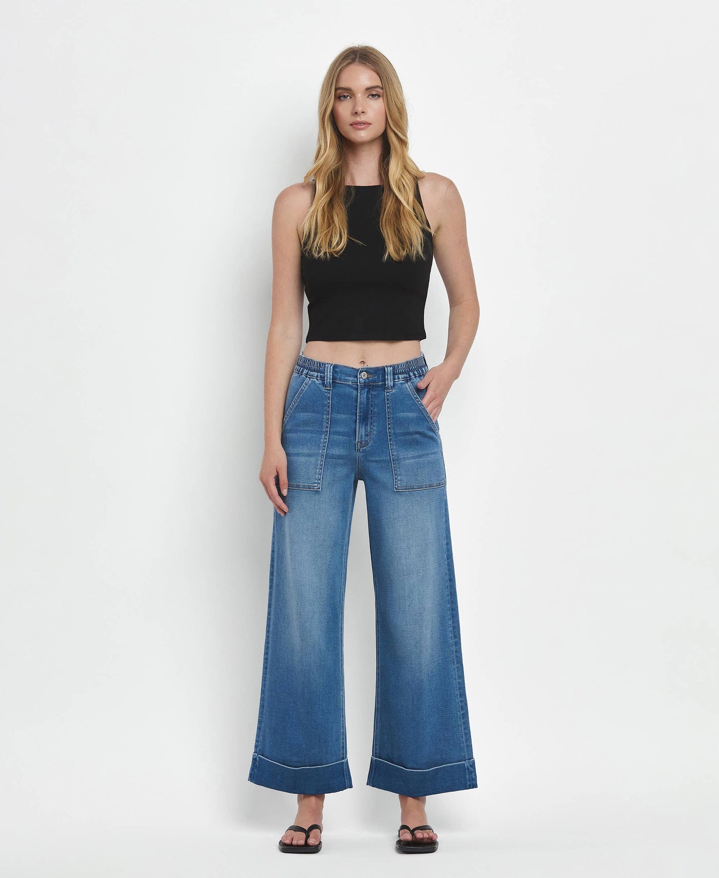 HIGH RISE DOUBLE CUFFED BAGGY WIDE JEANS