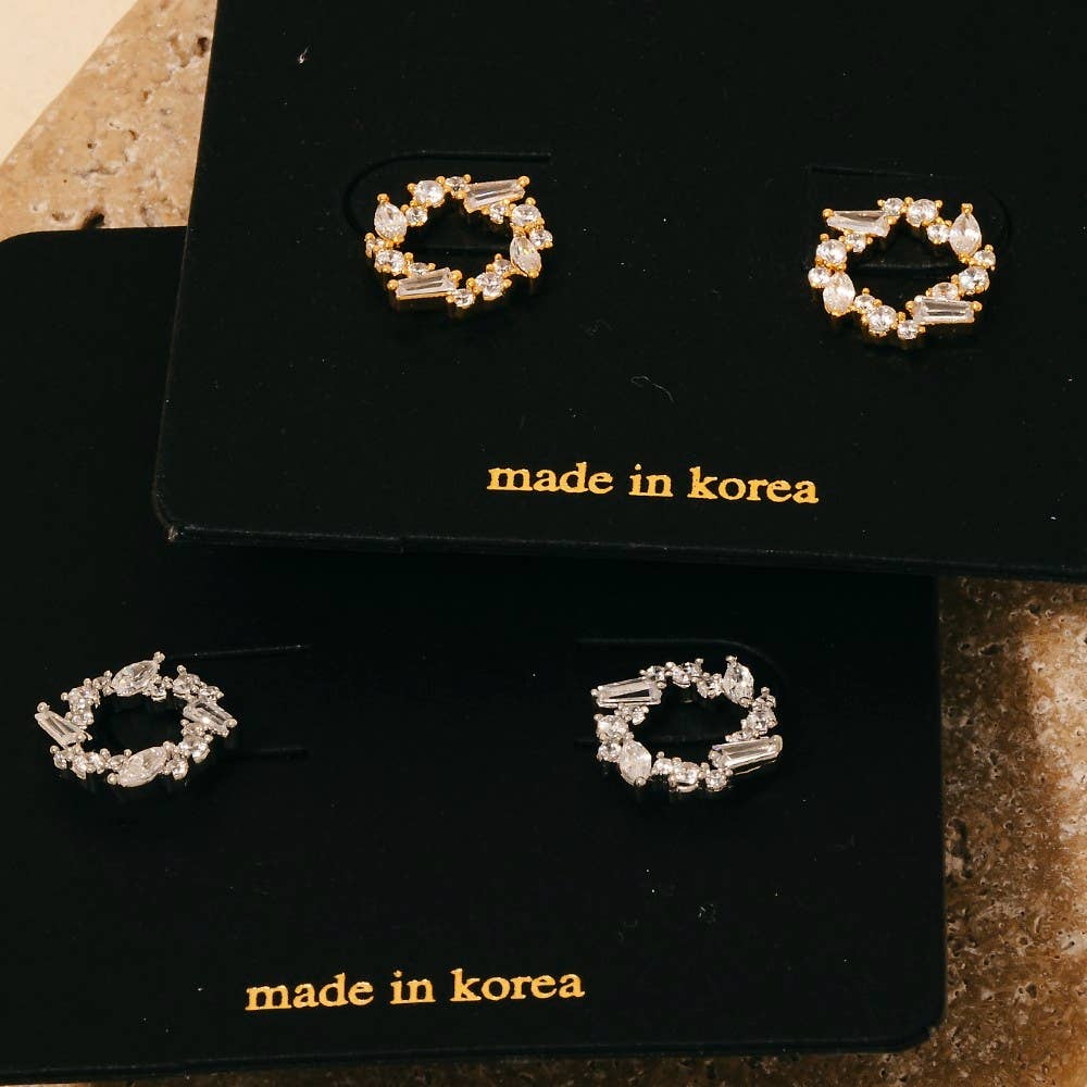 Cz Cluster Mini Twisted Hoop Stud Earrings