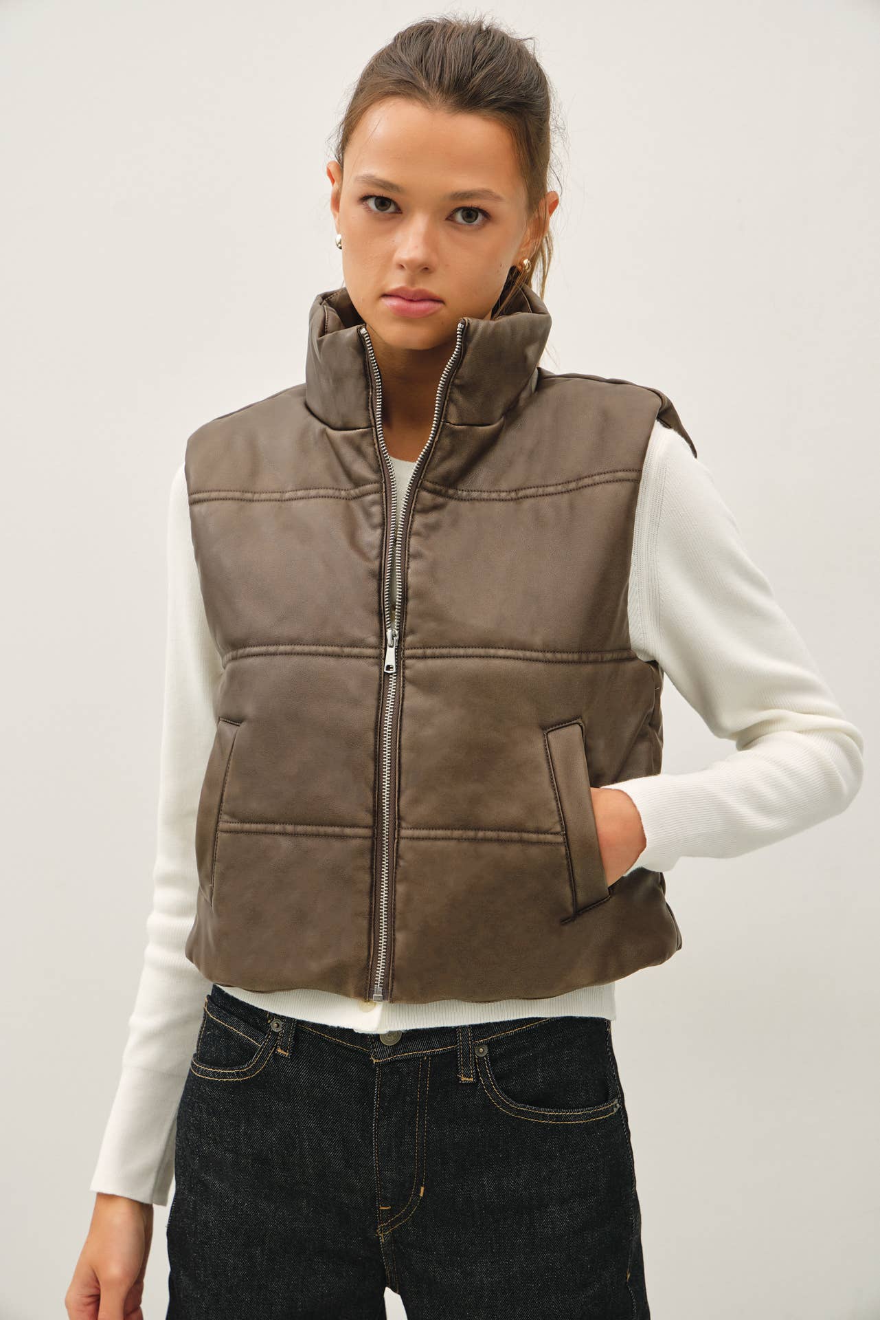 FAUX LEATHER PUFFER VEST