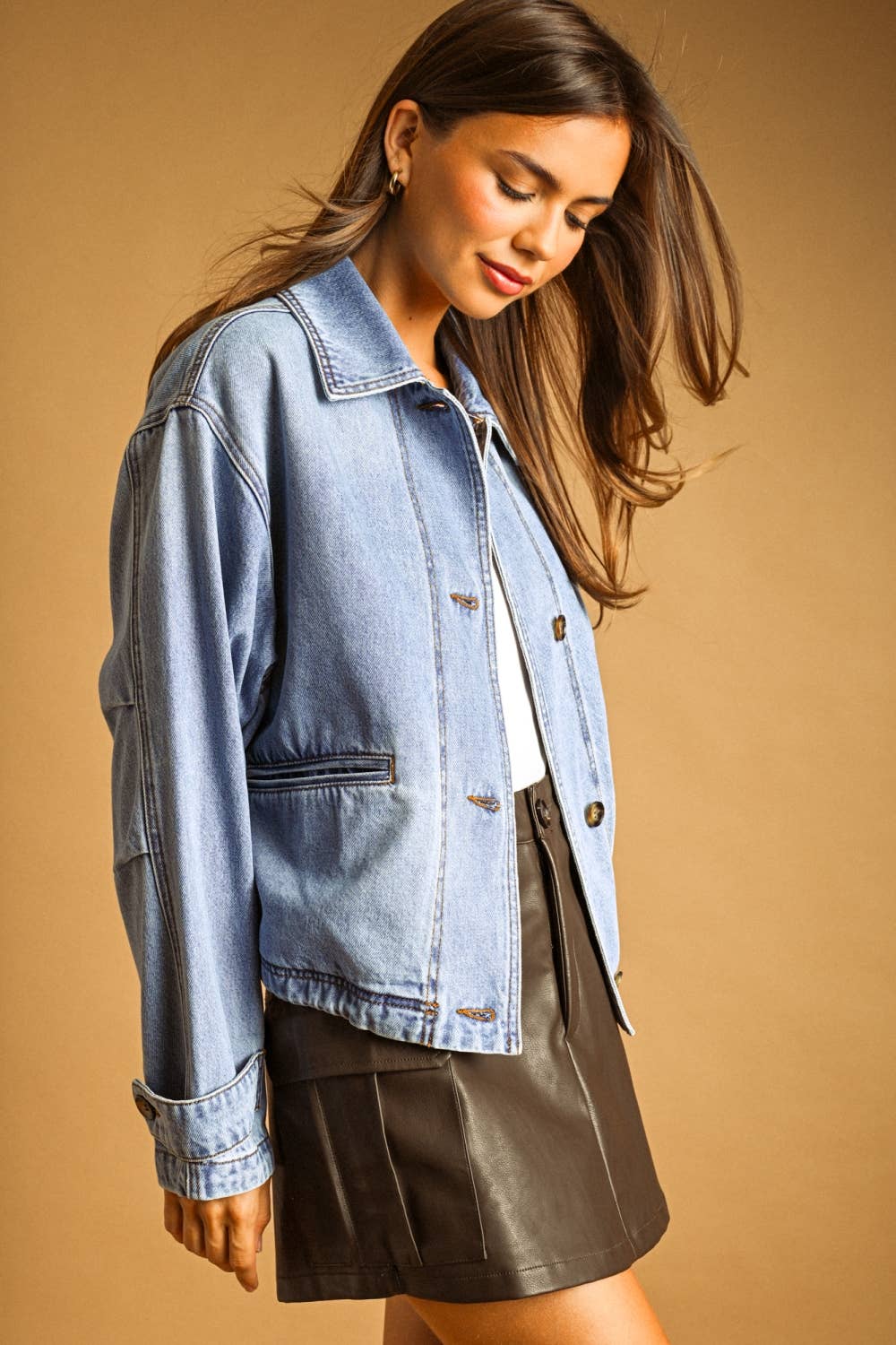 WASHED DENIM BUTTON FRONT BOMBER JACKET
