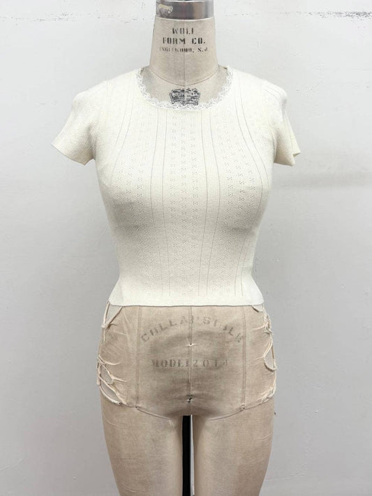 Pointelle Lace Trim Sweater Tee
