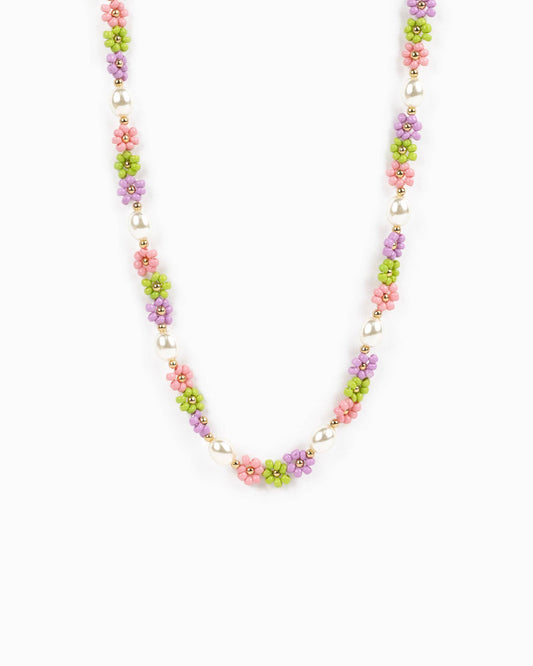 Tropical Flower Seed Bead and Pearl Necklace