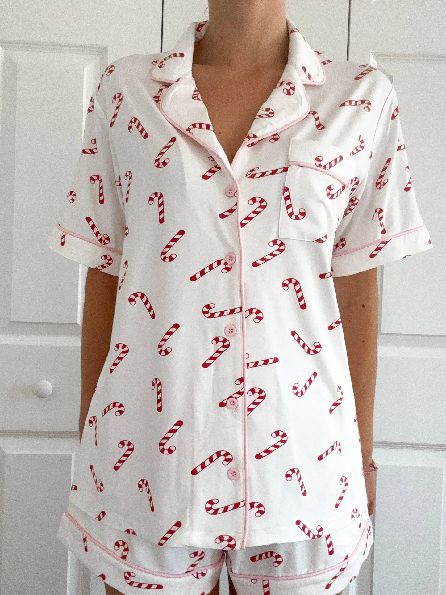 Candy Cane Holiday Christmas Short Sleeve Button Up Pajama Top