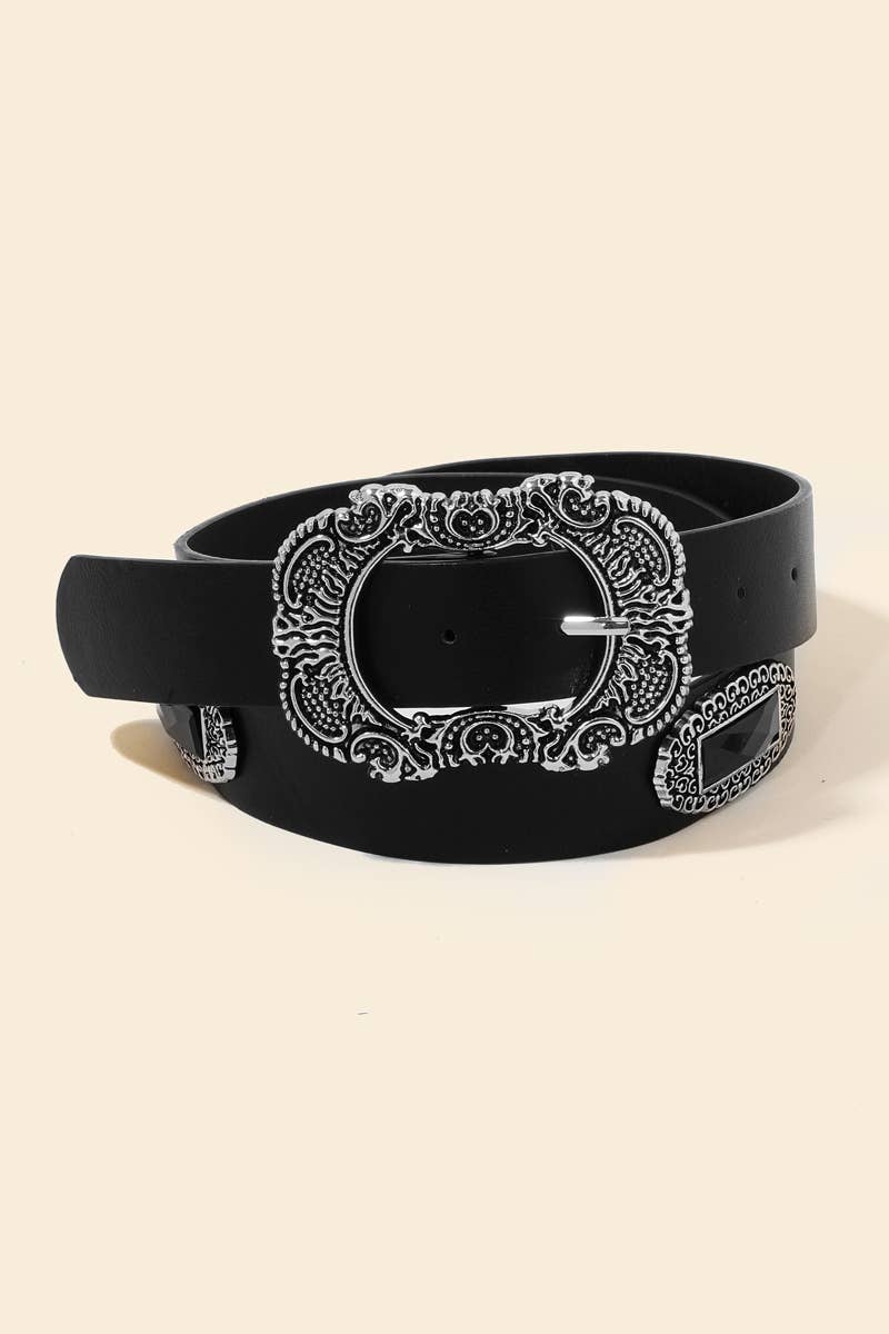 Embroidered Buckle Vegan Leather Belt