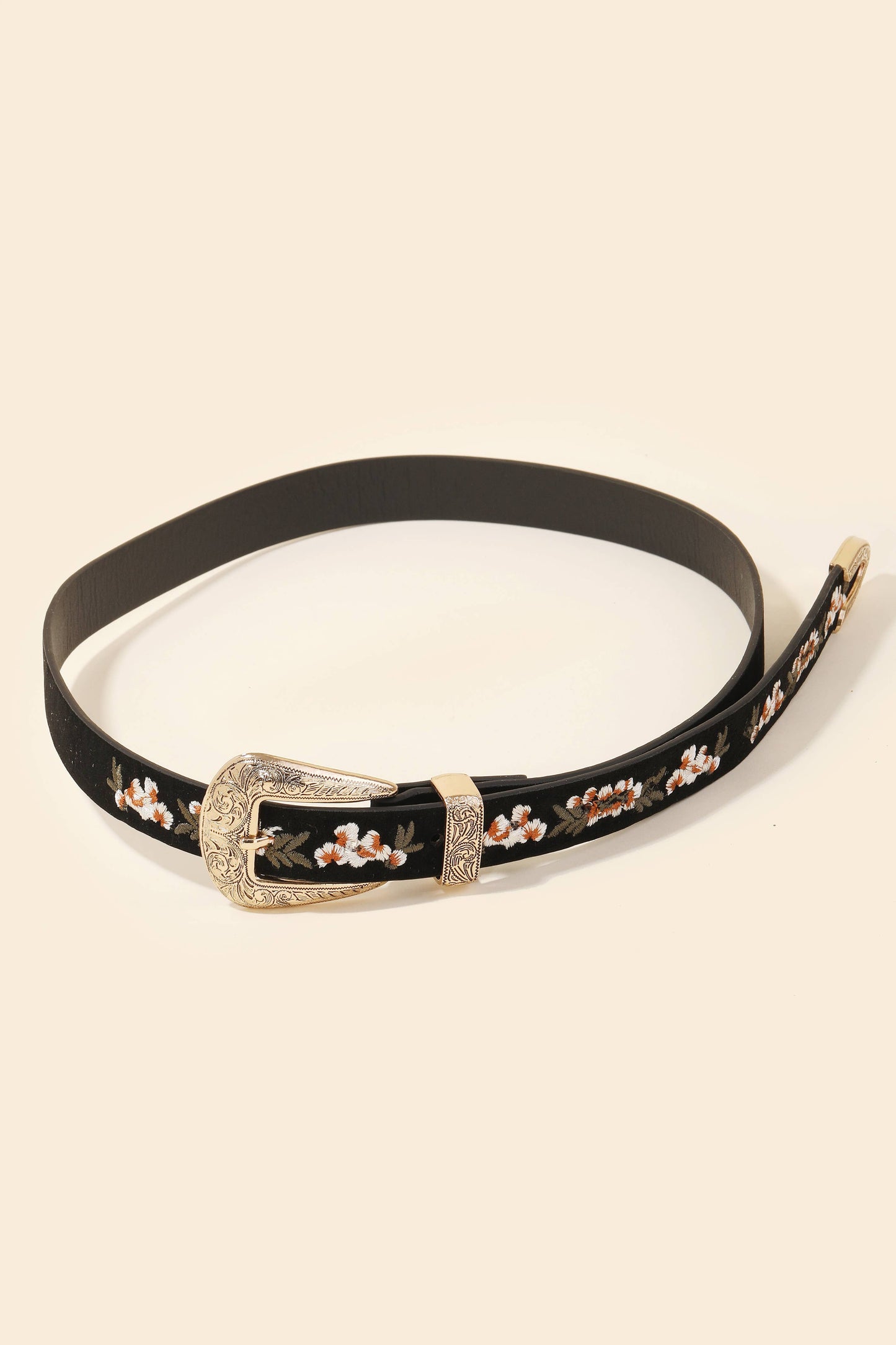 Flower Embroidered Etch Buckle Belt