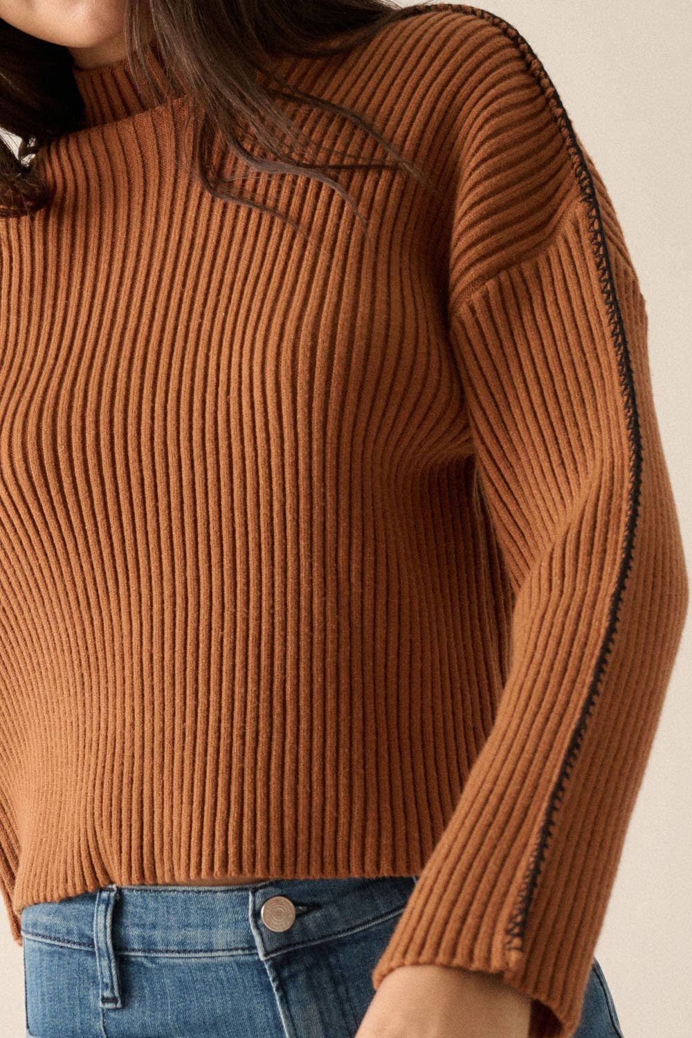 Solid High Neck Rib Knit Expose Seam Sweater