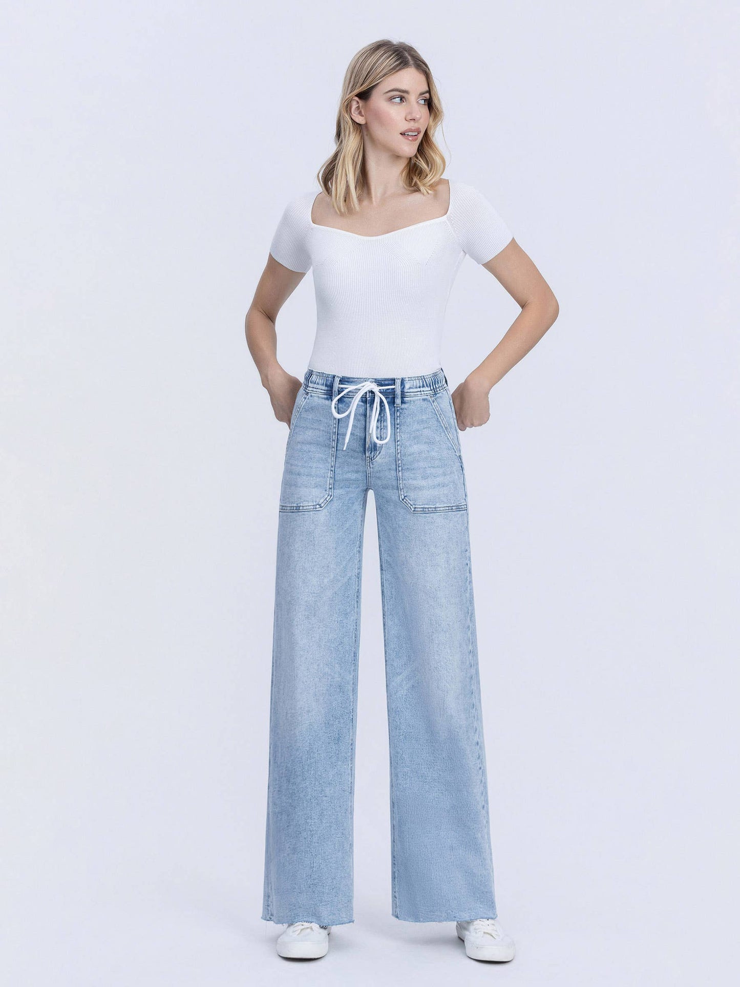 HIGH RISE DRAWSTRING WAISTBAND WIDE LEG JEANS F6065
